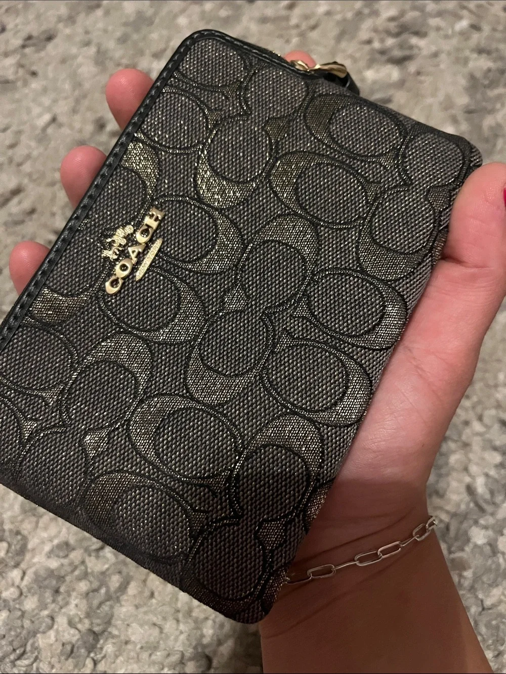 Coach Black Signature Zip Wristlet Card Holder with Gold Logo
